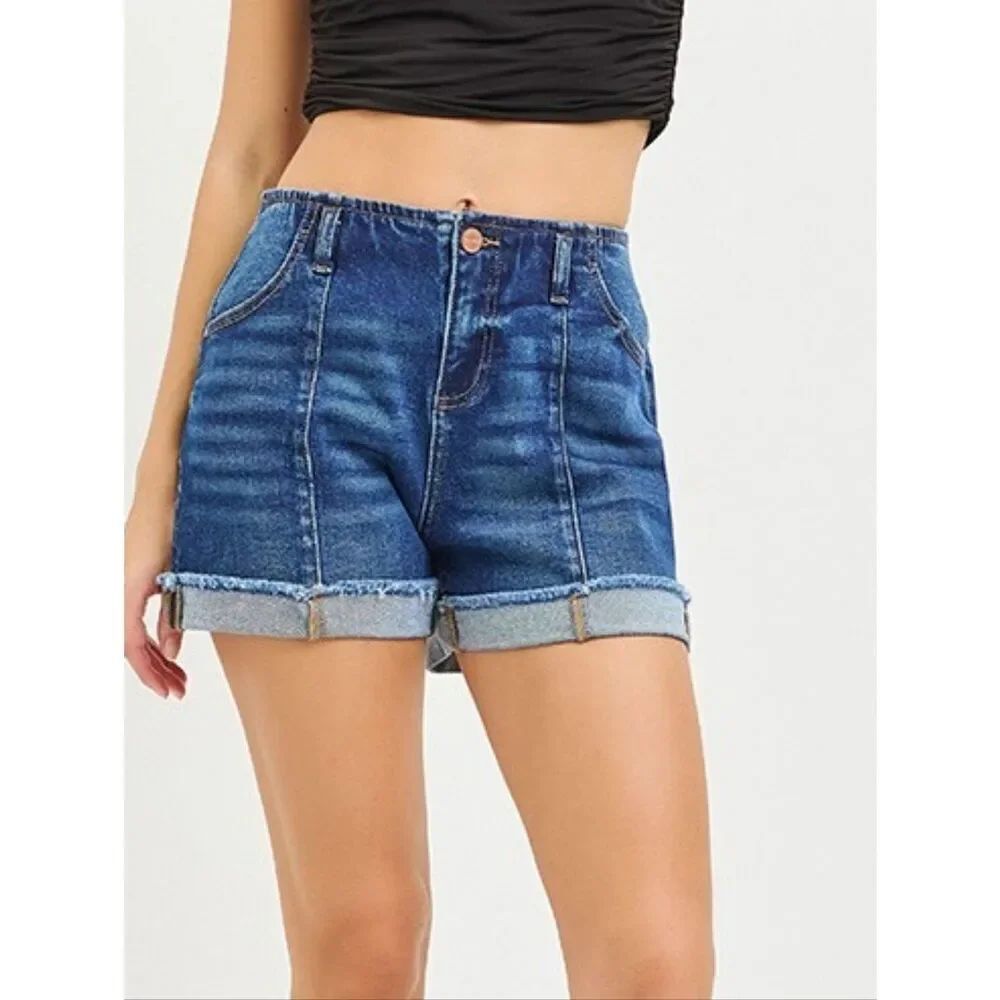 RISEN Los Angeles Front Seam Jean Shorts High-Rise Rolled Hem